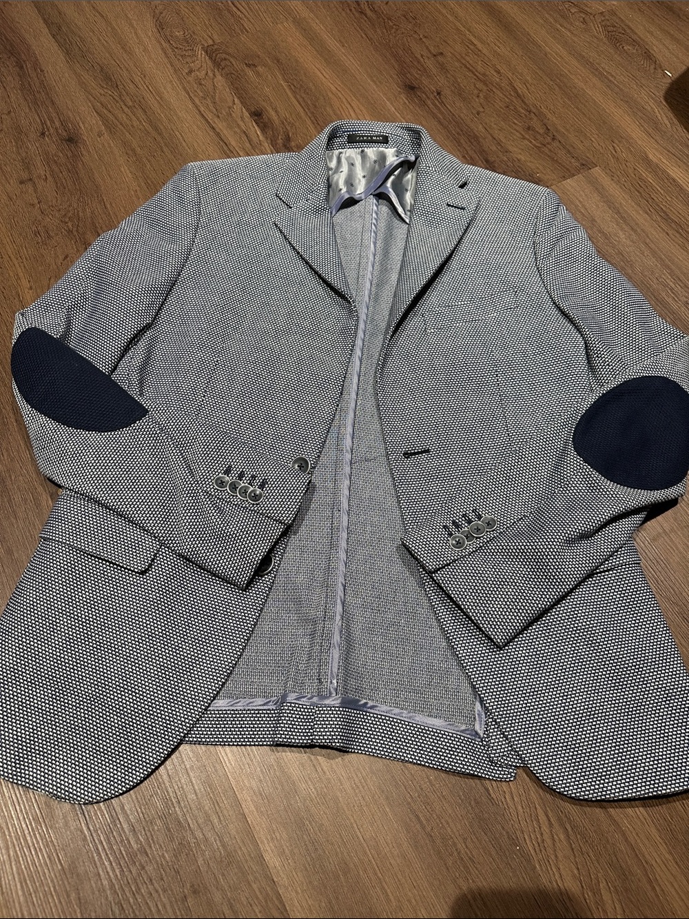 Zara Light Blue Textured Blazer with Navy Elbow Patches
